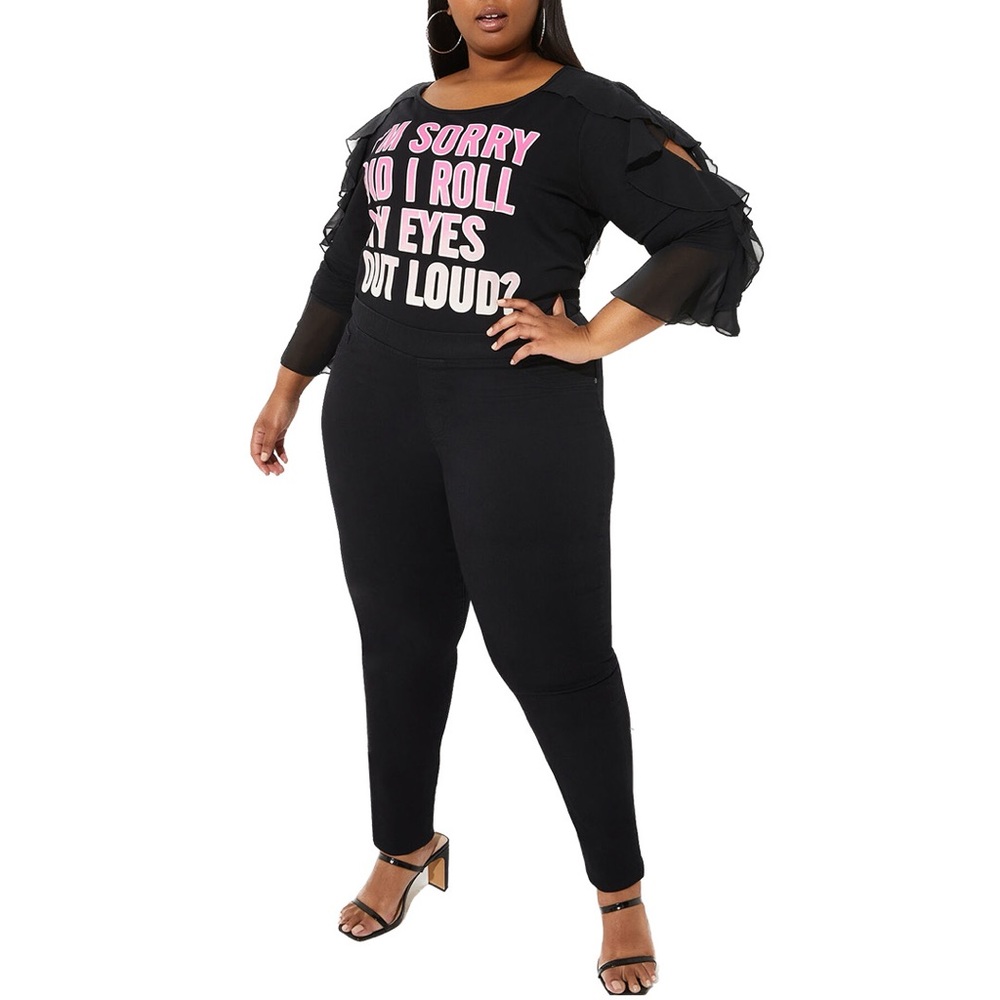 Eye Roll Graphic Tee 3X-5X with Ruffled Cutout Chiffon Sleeves (5A07.13) - Picture 3 of 6